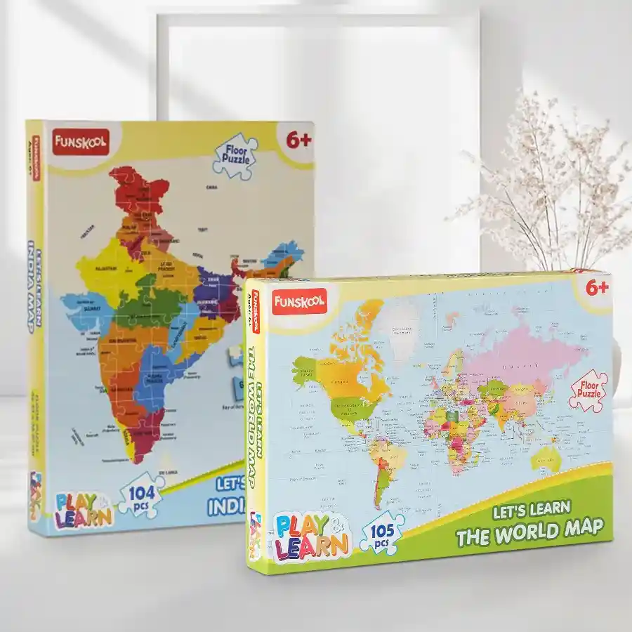 Funskool India Map and World Map Puzzle Set for kids aged 6 and up, promoting skill development through interactive play.