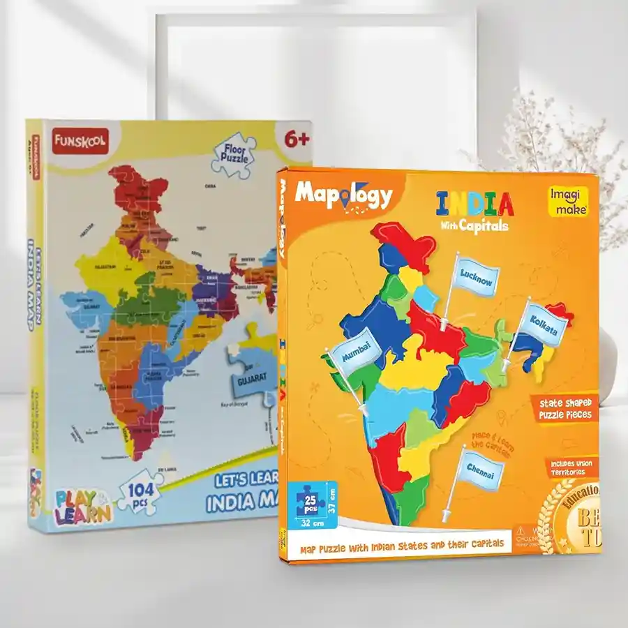 Funskool India Map Puzzle Set for children aged 3-7, promoting learning and skill development through play.