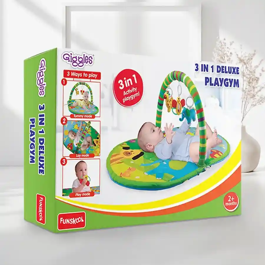 Colorful Funskool Giggles 3 In 1 Deluxe Playgym for infants, featuring multiple play modes and easy cleaning options, suitable for babies aged 6 months to 3 years.