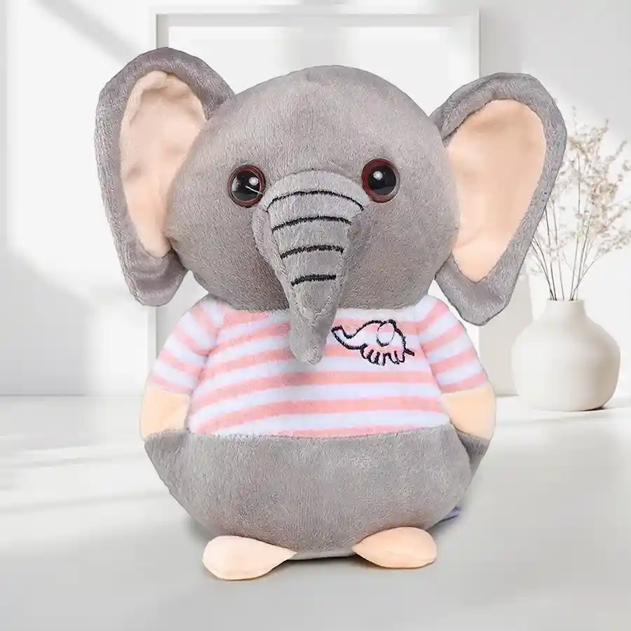 Adorable elephant plush toy for kids, measuring 20cm, made from soft polypropylene, designed for children 18 months and older.