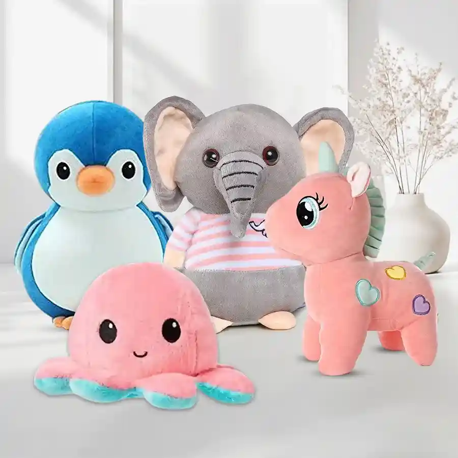 A colorful baby gift set featuring soft plush toys: unicorn, elephant, penguin, and a reversible octopus, perfect for little ones.
