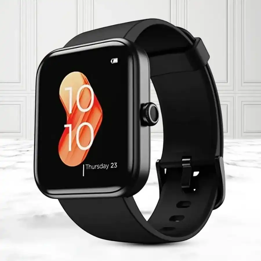 Charcoal black boAt Xtend Smart Watch with voice command features and fitness tracking capabilities.