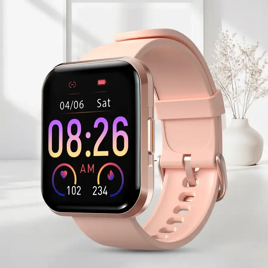 Chic Pink Fire-Boltt Ninja Call Pro Plus Bluetooth Smart Watch with AI features and fitness tracking capabilities.