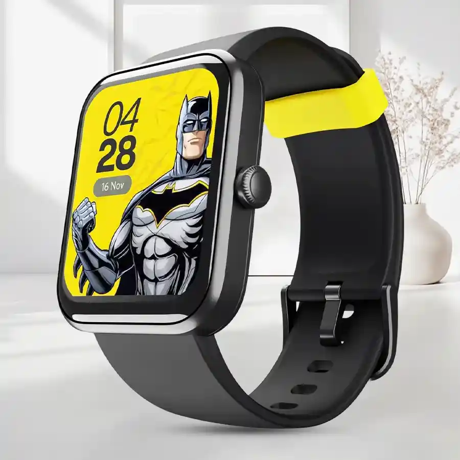 Trendy boAt Xtend Smartwatch Batman Edition in Knight Black with built-in Alexa and fitness tracking features.