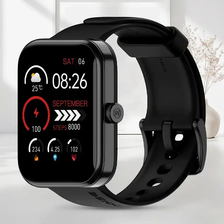 Noise ColourFit Pulse Smart Watch with a large display, featuring fitness tracking capabilities and a sleek black design.