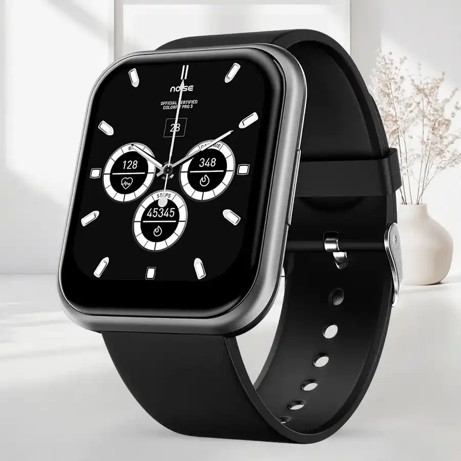 Charcoal Black Noise ColourFit Ultra Buzz Smart Watch featuring Bluetooth calling and fitness tracking capabilities.