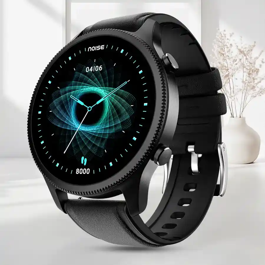 Stunning deep blue NoiseFit Halo Smartwatch with leather strap and AMOLED display.