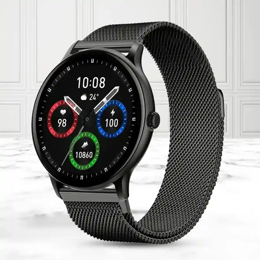 Fire-Boltt Phoenix Ultra Smartwatch in dark grey stainless steel, featuring Bluetooth calling and health tracking capabilities.