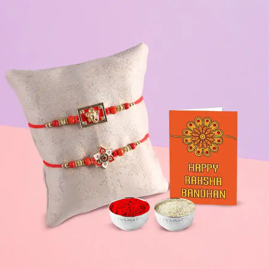 Set of 2 Designer Rakhis with Roli, Tilak, and Chawal