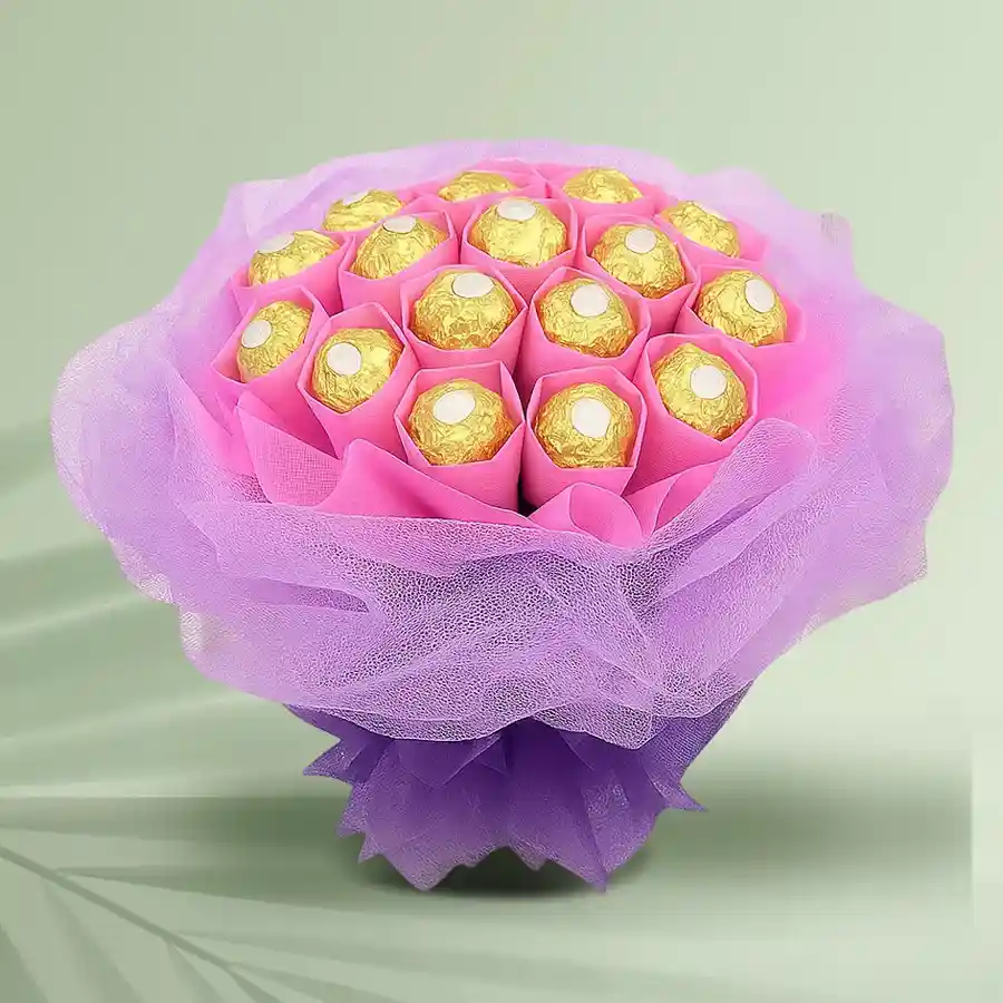 Bouquet of 12 Ferrero Rocher chocolates wrapped in tissue, perfect for gifting on special occasions.