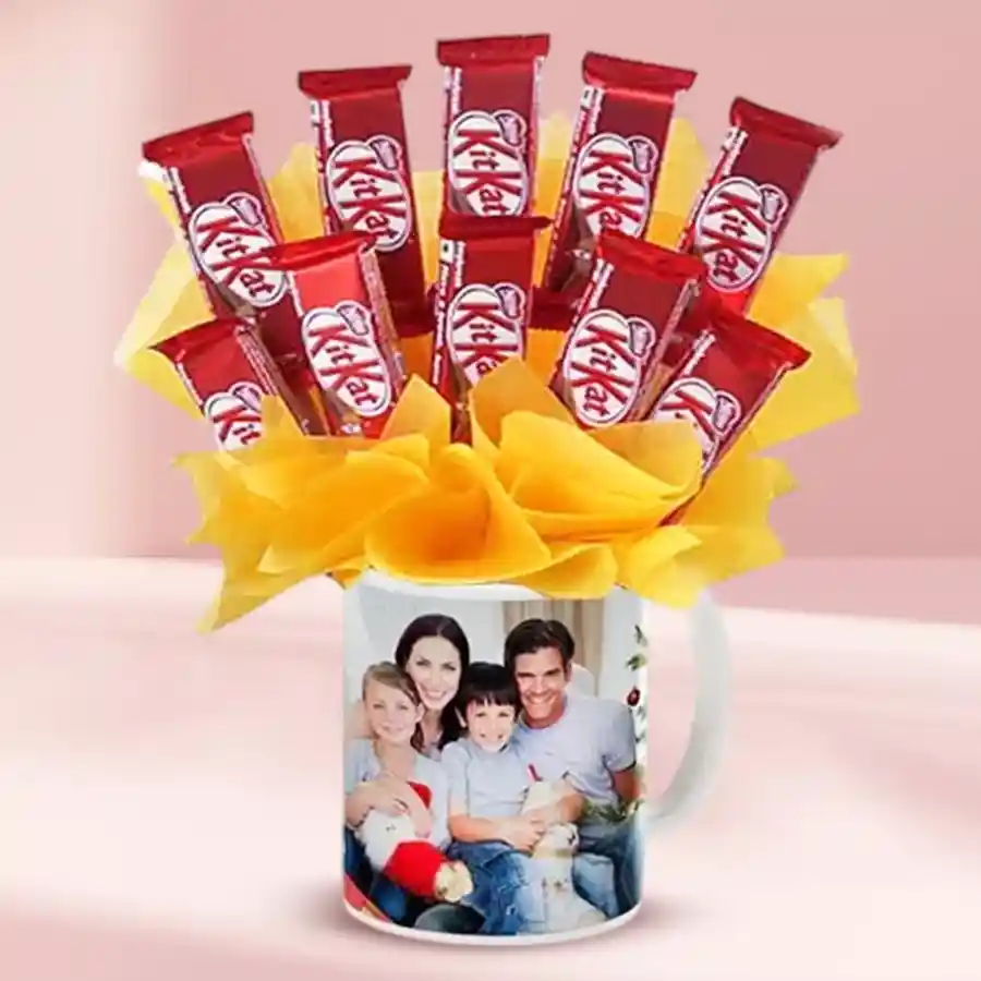 Charming arrangement of 10 Kitkat chocolates in a personalized coffee mug.