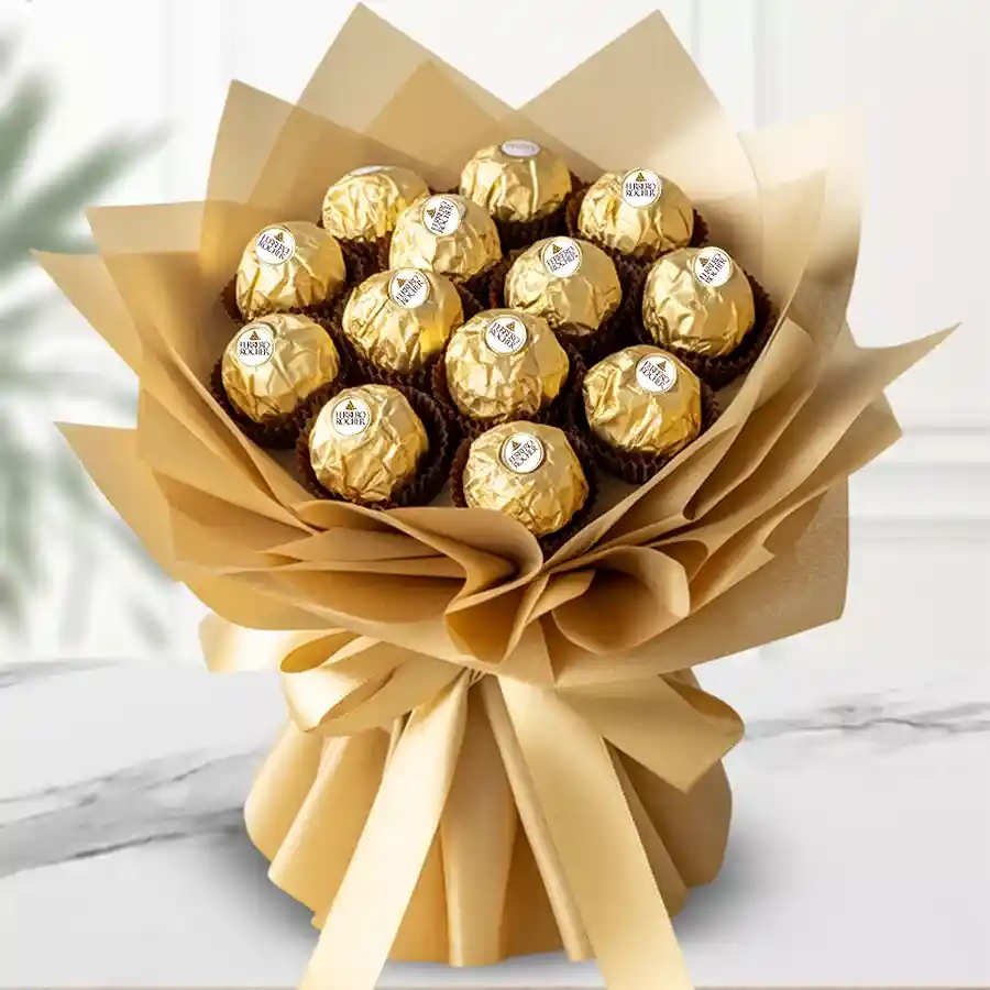 Stunning bouquet of 12 Ferrero Rocher chocolates wrapped in elegant tissue.