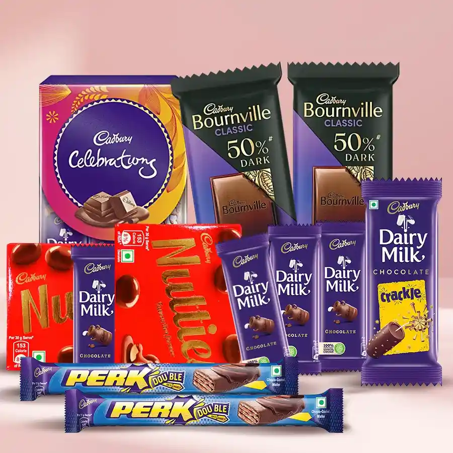 Heavenly Cadbury Chocolate Collection gift hamper filled with various chocolates designed for sharing love and joy.