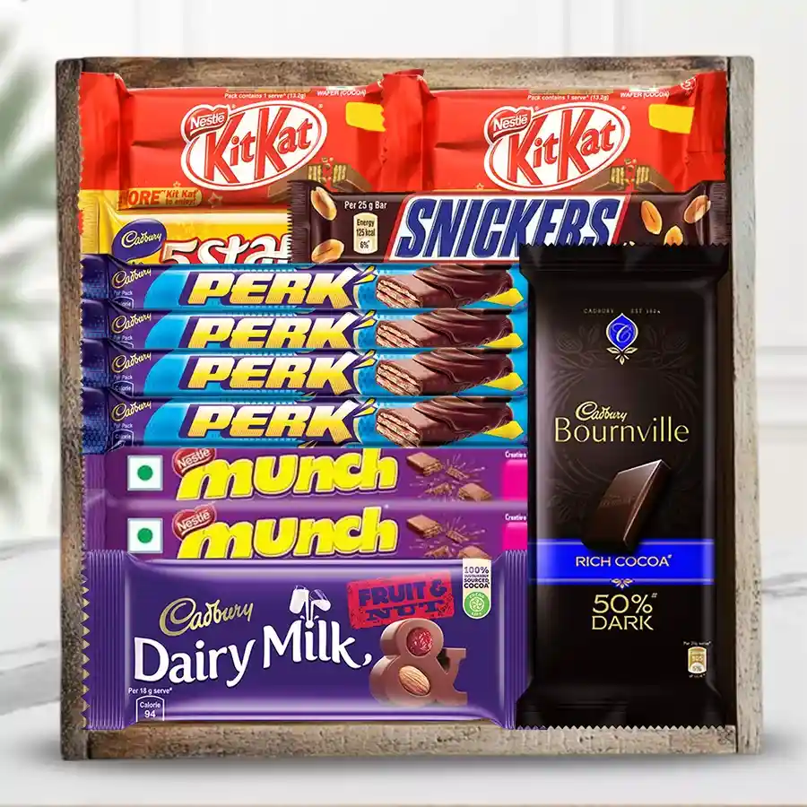 Chocolate Lover's Dream Gift Tray filled with assorted chocolates and a reusable wooden tray.