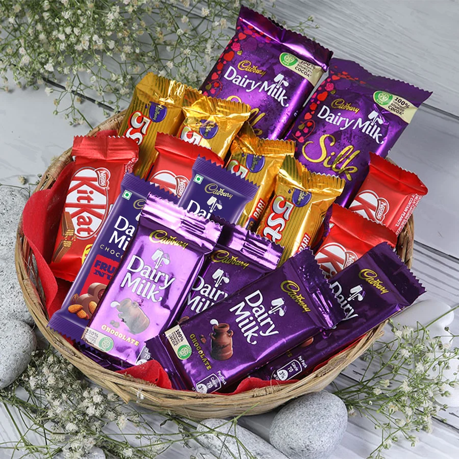Sweet Chocolate Dreams Hamper featuring assorted chocolates in a reusable wooden tray.