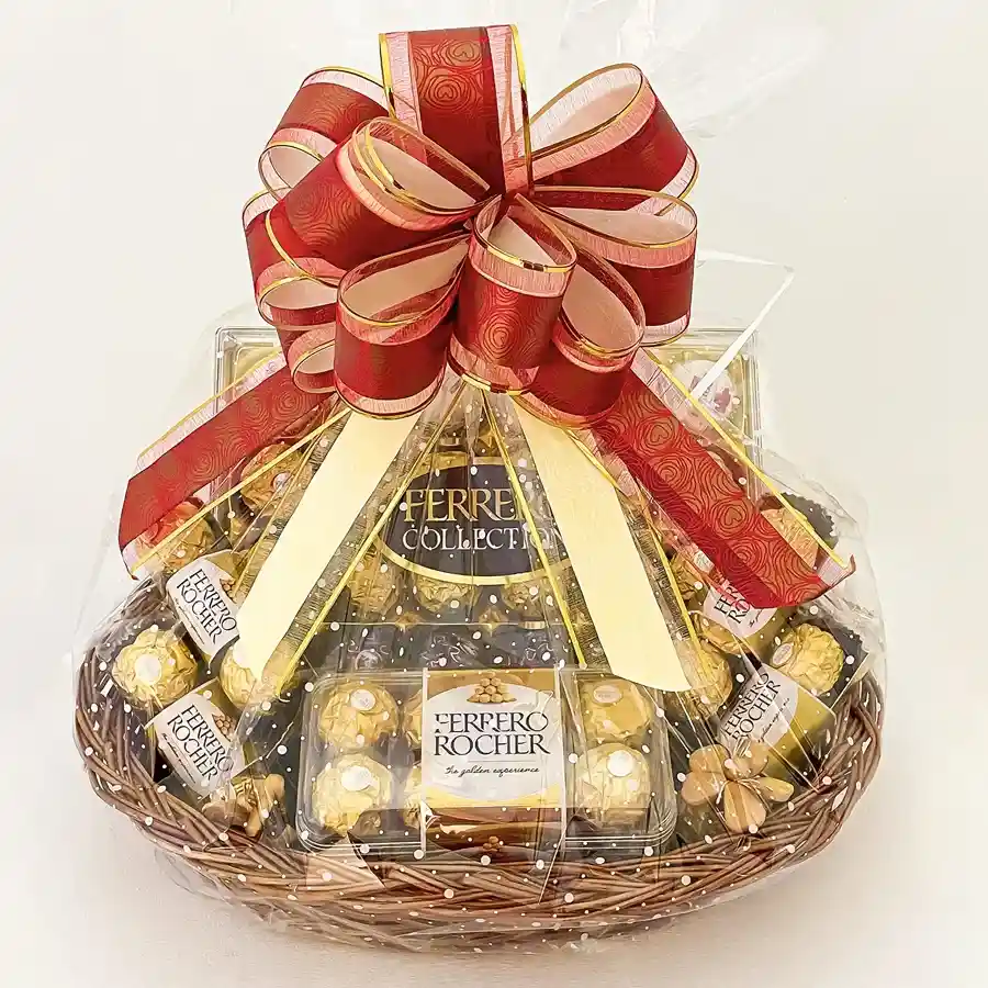 A luxurious Ferrero Rocher Delight Basket filled with assorted chocolates, perfect for gifting and sharing joy.