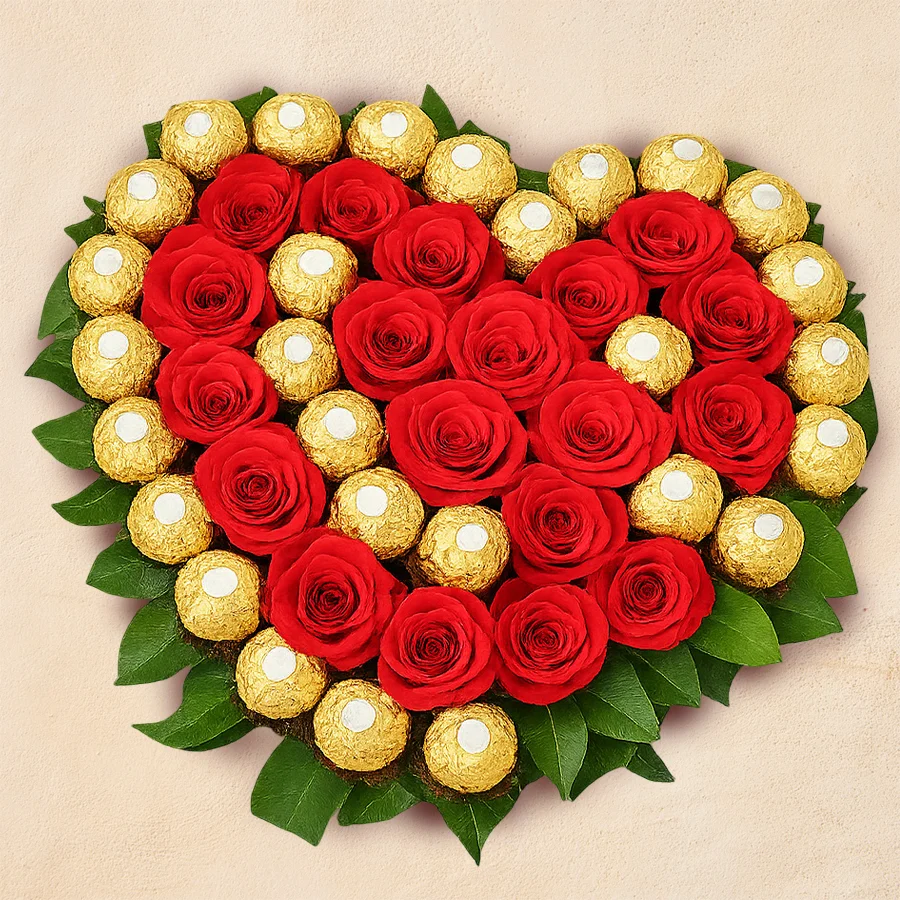 Heart-shaped arrangement featuring 24 Ferrero Rocher chocolates and 24 red roses, symbolizing love and affection.
