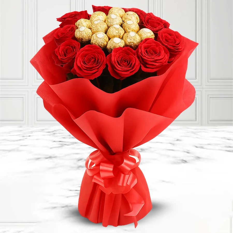 Exclusive bouquet featuring Ferrero Rocher chocolates and red roses, elegantly wrapped in tissue.
