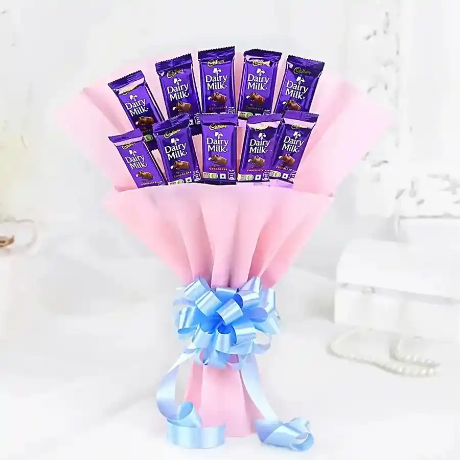 Bouquet of 10 Cadbury Dairy Milk chocolates wrapped in tissue.