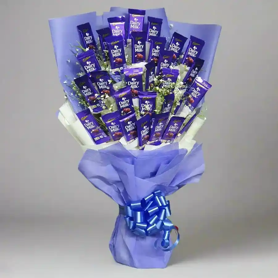 A bouquet of 25 Cadbury Dairy Milk chocolates, elegantly arranged for gifting.