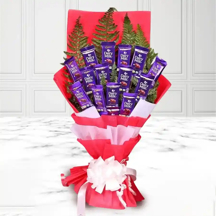 A bouquet filled with 20 Cadbury Dairy Milk chocolates, perfect for gifting.