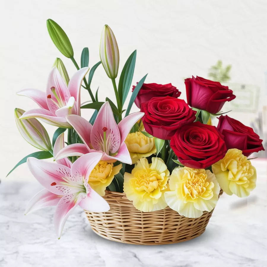 A beautiful arrangement featuring 4 Asiatic lilies, 6 roses, and 5 carnations in a vibrant display.