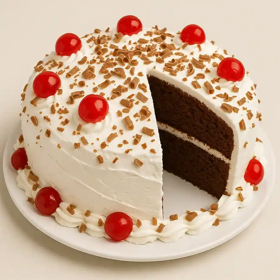 Freshly baked 500g Sweet Chariot Black Forest Cake, layered with chocolate sponge, whipped cream, and cherries.