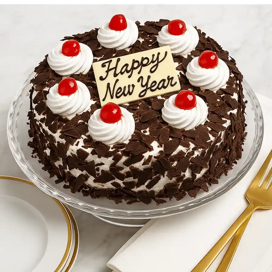 Gourmet Black Forest Cake from a 5-star hotel bakery, weighing 1 Kg, crafted with chocolate layers, whipped cream, and cherries.