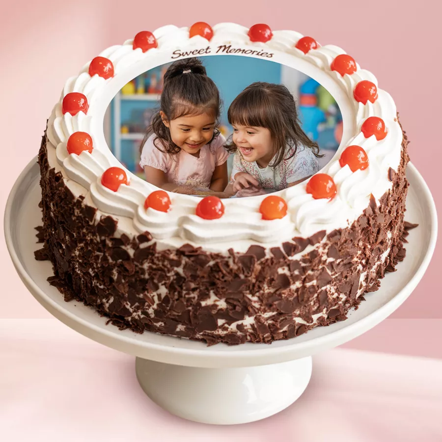 Round Black Forest Photo Cake with white frosting and cherries, personalized with a photo for special occasions.