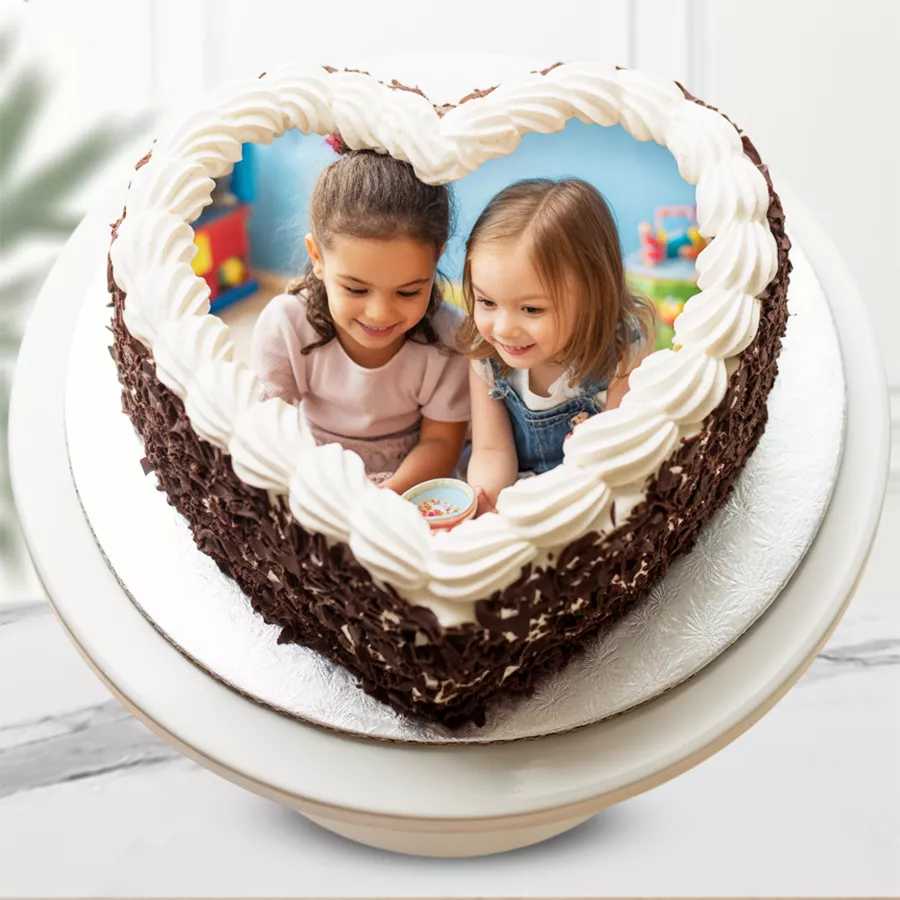 Heart Shape Black Forest Photo Cake with cherries and creamy frosting, personalized with a photo, perfect for celebrating special moments.