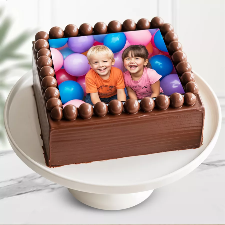 Irresistible Chocolate Photo Cake with personalized image and chocolate icing.