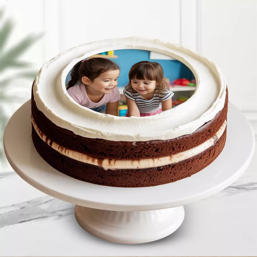 Round chocolate photo cake topped with a personalized photo and chocolate ganache, perfect for celebrating special memories.