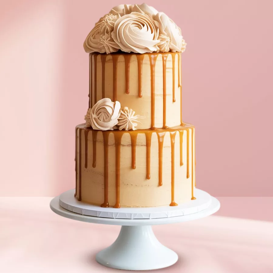 Irresistible Two-Tier Butterscotch Bliss cake with caramel drizzle and floral toppings.