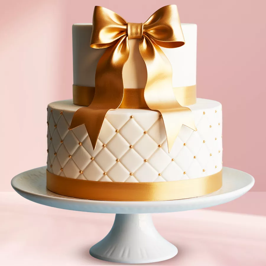 Two-tier chocolate fondant cake with white frosting, golden pearls, and a golden bow, ideal for celebrations.