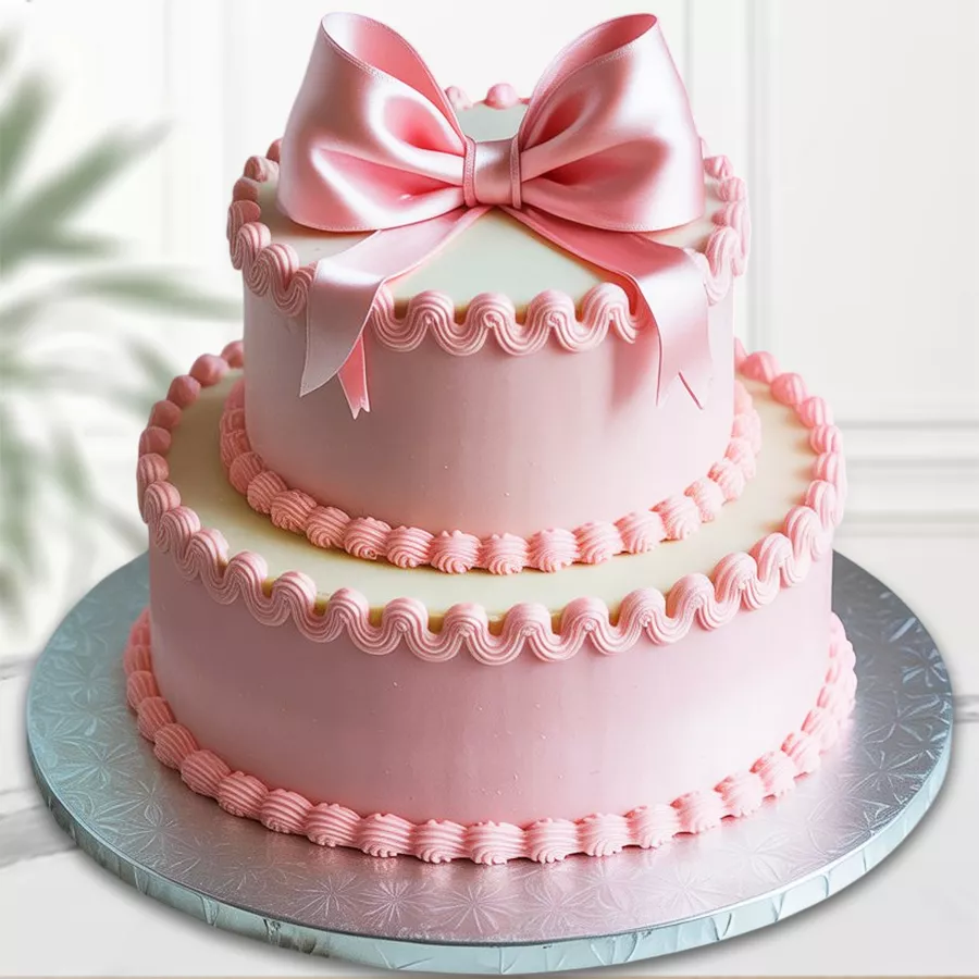 Two-tier eggless strawberry cake with pink butter icing and colorful toppings.
