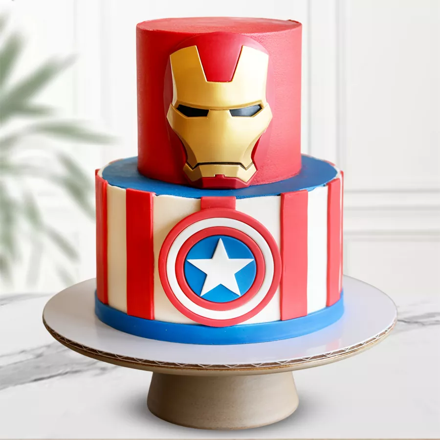 2-tier eggless chocolate cake featuring an Avengers theme, perfect for children's celebrations.