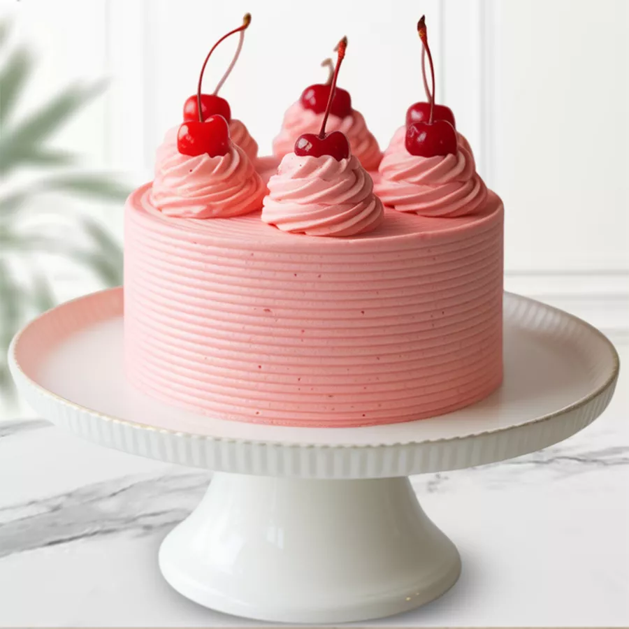 A fresh 1 lb strawberry cake, showcasing layers of moist cake and vibrant strawberries, ideal for sharing and celebrations.