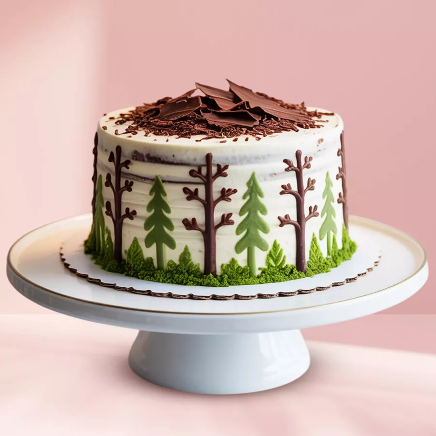 Enchanted Forest Eggless Chocolate Cake adorned with cactus decorations and creamy frosting.