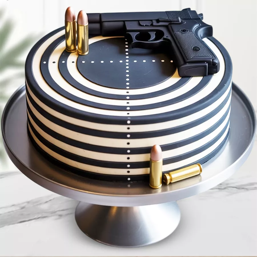 Gun-Themed Chocolate Fondant Cake with target board and bullets
