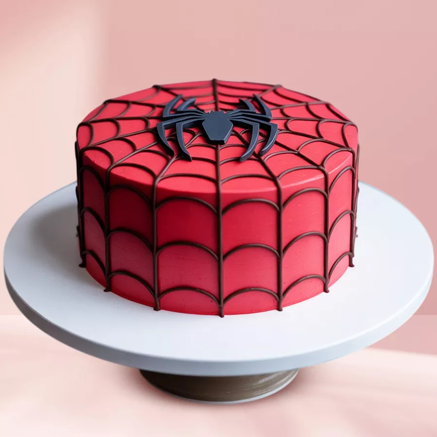 Round Spider-Man themed chocolate cake with red fondant garnishing and web-suit design. Ideal for superhero fans and celebrations.
