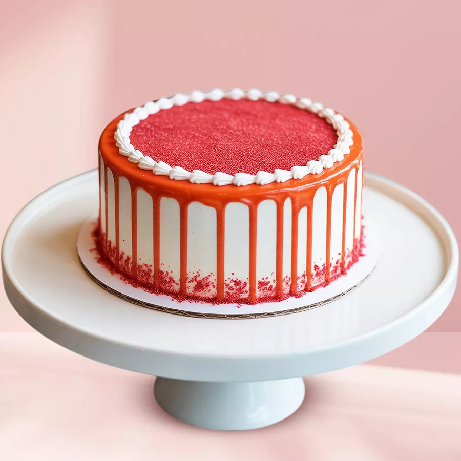 Heartfelt Red Velvet Bliss cake with white cream and sweet gel topping, ideal for gifting and celebrating special occasions.
