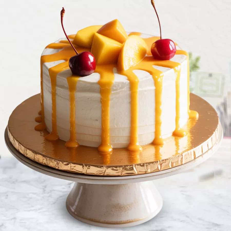 Irresistible Mango Cream Cake Delight with mango chunks and cherry on top, featuring a vanilla sponge base and fresh white cream frosting.