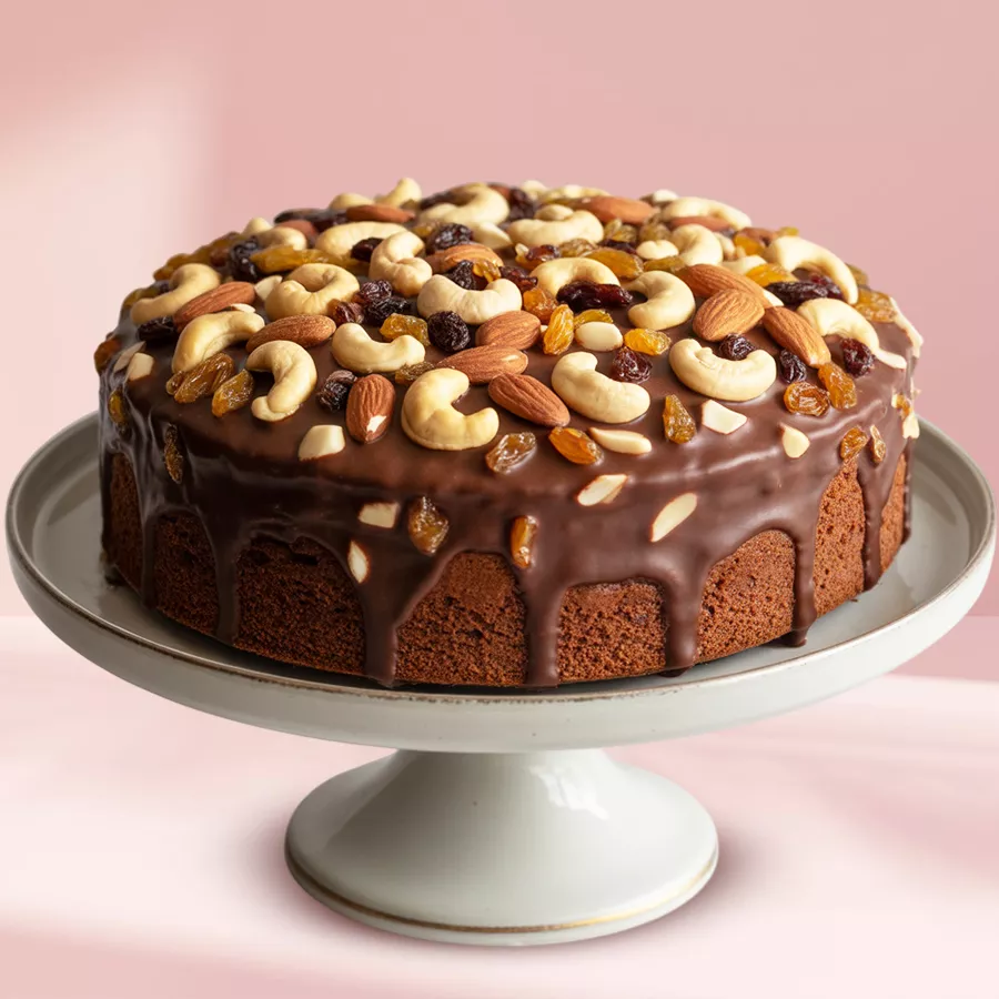Delightful Chocolate Fruit Nut Indulgence cake featuring a round chocolate sponge base, topped with fruits, nuts, and a glossy chocolate glaze.