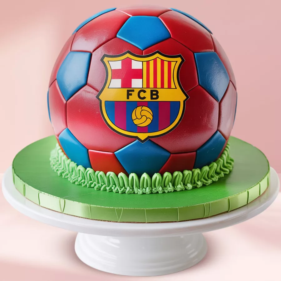 Chocolate cake shaped like a football, decorated in Barcelona team colors with the logo.