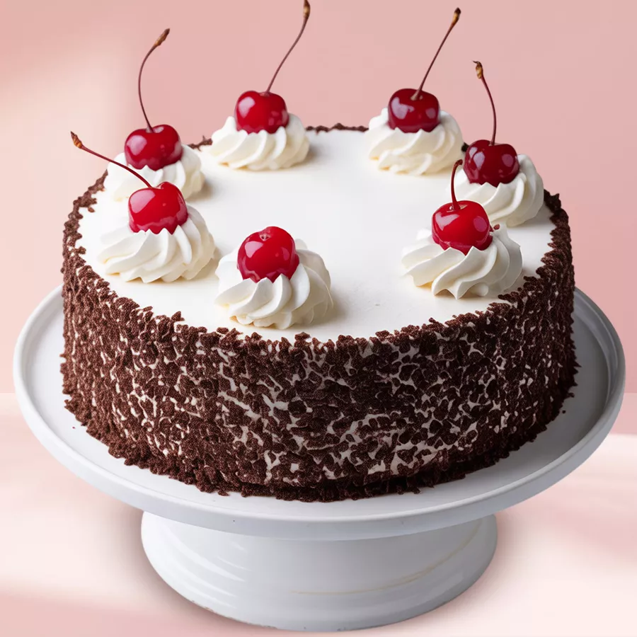 Heartfelt Eggless Black Forest Cake with heart and flower design, featuring chocolate sponge base and whipped cream topping.