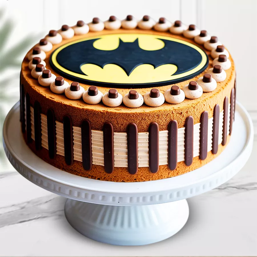 Batman-themed butterscotch cake with fresh cream and chocolate thins.