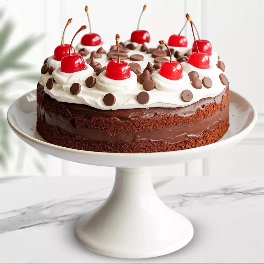 Eggless Cherry Choco Bliss Cake with whipped cream, chocolate chips, and red cherries, beautifully presented for special celebrations.