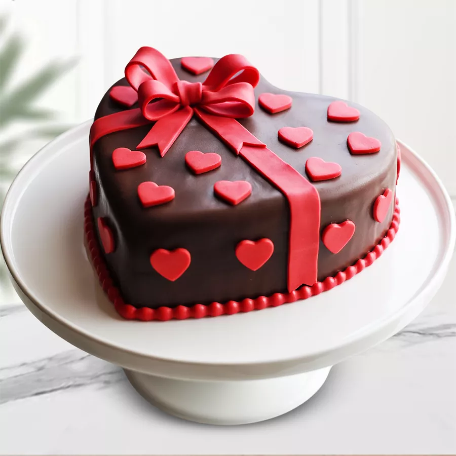 Heartfelt Chocolate Fondant Truffle Cake with fondant hearts and ribbons.