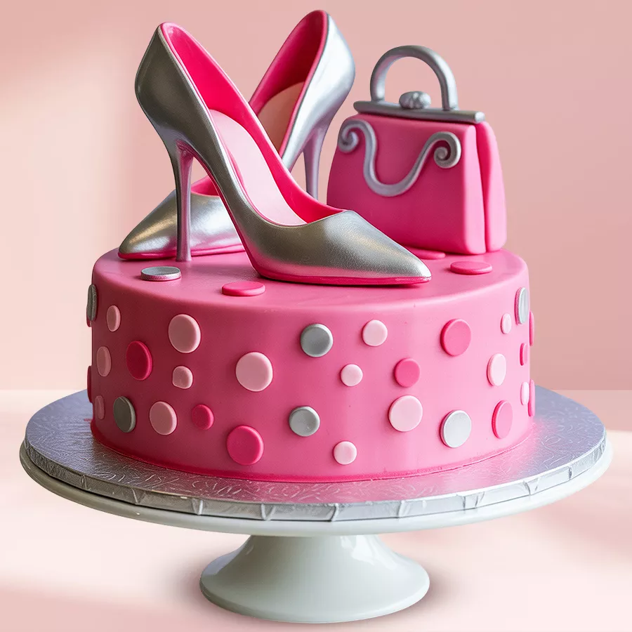 Glamorous Strawberry Cake Delight with high heels and vanity bag fondant decorations.