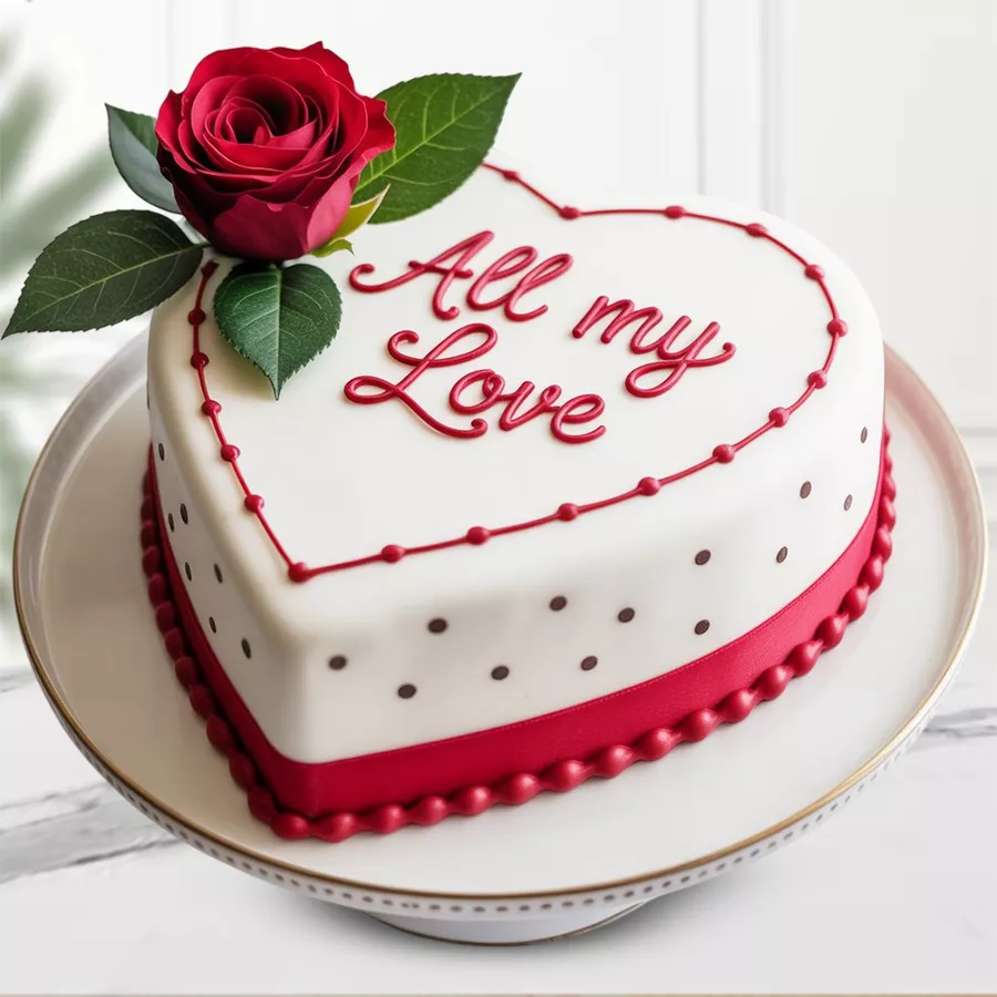 Heart-shaped vanilla cake adorned with cream roses and "All my love" message, perfect for expressing affection.